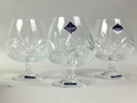 SET OF SIX EDINBURGH CRYSTAL BRANDY BALLOONS, ALONG WITH A SET OF SIX GLENEAGLES CLARET GLASSES