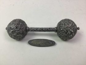 WHITE METAL RATTLE, AND A SILVER BROOCH