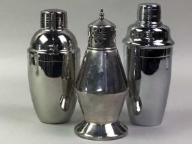 COCKTAIL SHAKERS AND PLATED WARE,