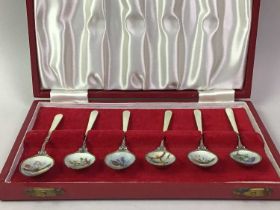 SET OF SIX SILVER AND ENAMEL COFFEE SPOONS, MID 20TH CENTURY