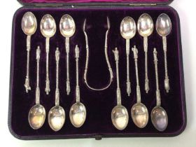 SET OF SILVER APOSTLE SPOONS WITH TONGS, AND A SET OF SILVER TEASPOONS