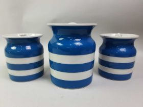 FIVE CORNISH WARE JARS,