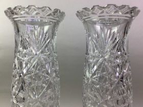 PAIR OF CRYSTAL VASES, ALONG WITH OTHER GLASSWARE