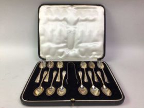 SILVER SET OF TEA SPOONS AND TONGS,