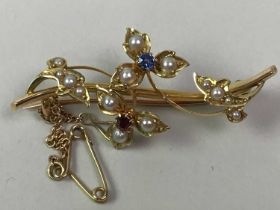 SEED PEARL AND GEM SET BAR BROOCH,