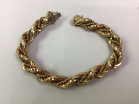 NINE CARAT YELLOW GOLD FANCY LINK BRACELET, AND A YELLOW METAL PENDANT ON CHAIN