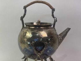 VICTORIAN SILVER PLATED KETTLE ON STAND, ALONG WITH SILVER PLATED TEA AND COFFEE SERVICE