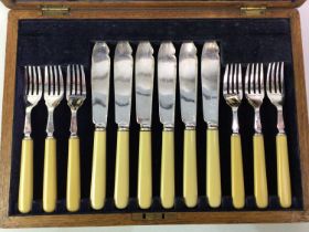 SILVER PLATED FISH KNIVES AND FORKS, ALONG WITH OTHER PLATED ITEMS