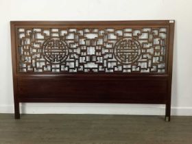CHINESE HEADBOARD, ALONG WITH A PAIR OF BEDSIDE TABLES