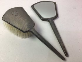 SILVER HAND BRUSH AND MIRROR, AND SIX SILVER BUTTER KNIVES