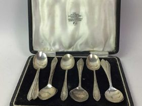 SET OF TEN GEORGE V SILVER COFFEE SPOONS, ALONG WITH A SILVER CIRCULAR DISH