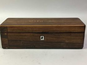 VICTORIAN ROSEWOOD GLOVE BOX, ALONG WITH A STUDIO POTTERY PLATE
