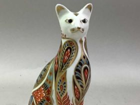 ROYAL CROWN DERBY CAT PAPERWEIGHT, AND A FABERGE REPLICA PAPERWEIGHT