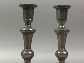 TWO PAIRS OF SILVER DWARF CANDLESTICKS, ALONG WITH FURTHER SILVER PLATED ITEMS