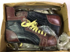 PAIR OF VINTAGE ICE SKATING SHOES, AND A GROUP OF DOLLS
