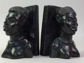 PAIR OF AFRICAN CARVED HARDWOOD BOOKENDS, WITH FURTHER TREEN ITEMS