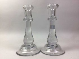 PAIR OF GLASS CANDLESTICKS, ALONG WITH OTHER GLASS WARE