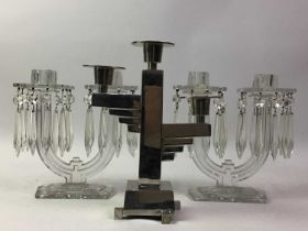 PAIR OF ART DECO STYLE GLASS CANDELABRA, ALONG WITH A PLATED METAL CANDLEABRUM