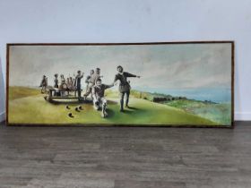 LARGE OIL ON BOARD, SIR WLTER RALEIGH PLAYING BOWLS