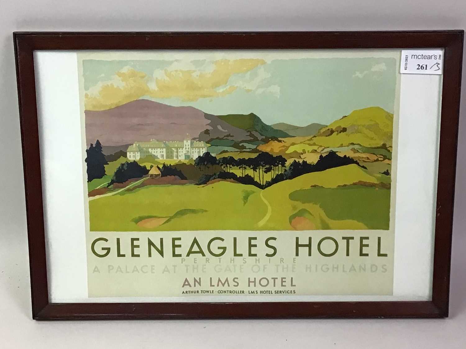 FRAMED 'GLENEAGLES HOTEL' LMS RAILWAY POSTER, AND OTHER PICTURES