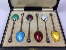 SET OF SIX SILVER AND ENAMEL COFFEE SPOONS, AND ANOTHER SPOON