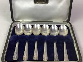 SET OF SIX SILVER COFFEE SPOONS, ALONG WITH SIX SILVER HANDLED CAKE KNIVES