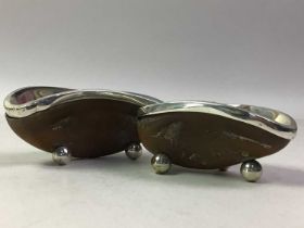 TWO SILVER MOUNTED HOOF SALT CELLARS, ALONG WITH FURTHER SILVER