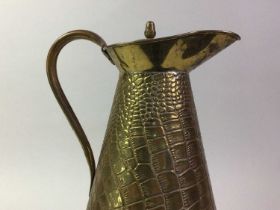 PAIR OF LARGE BRASS JUGS WITH LIDS, AND A LARGE COPPER PAN WITH LID