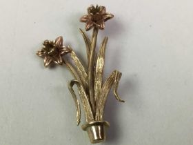 GOLD CLOGAU FLOWER BROOCH, ALONG WITH ANOTHER