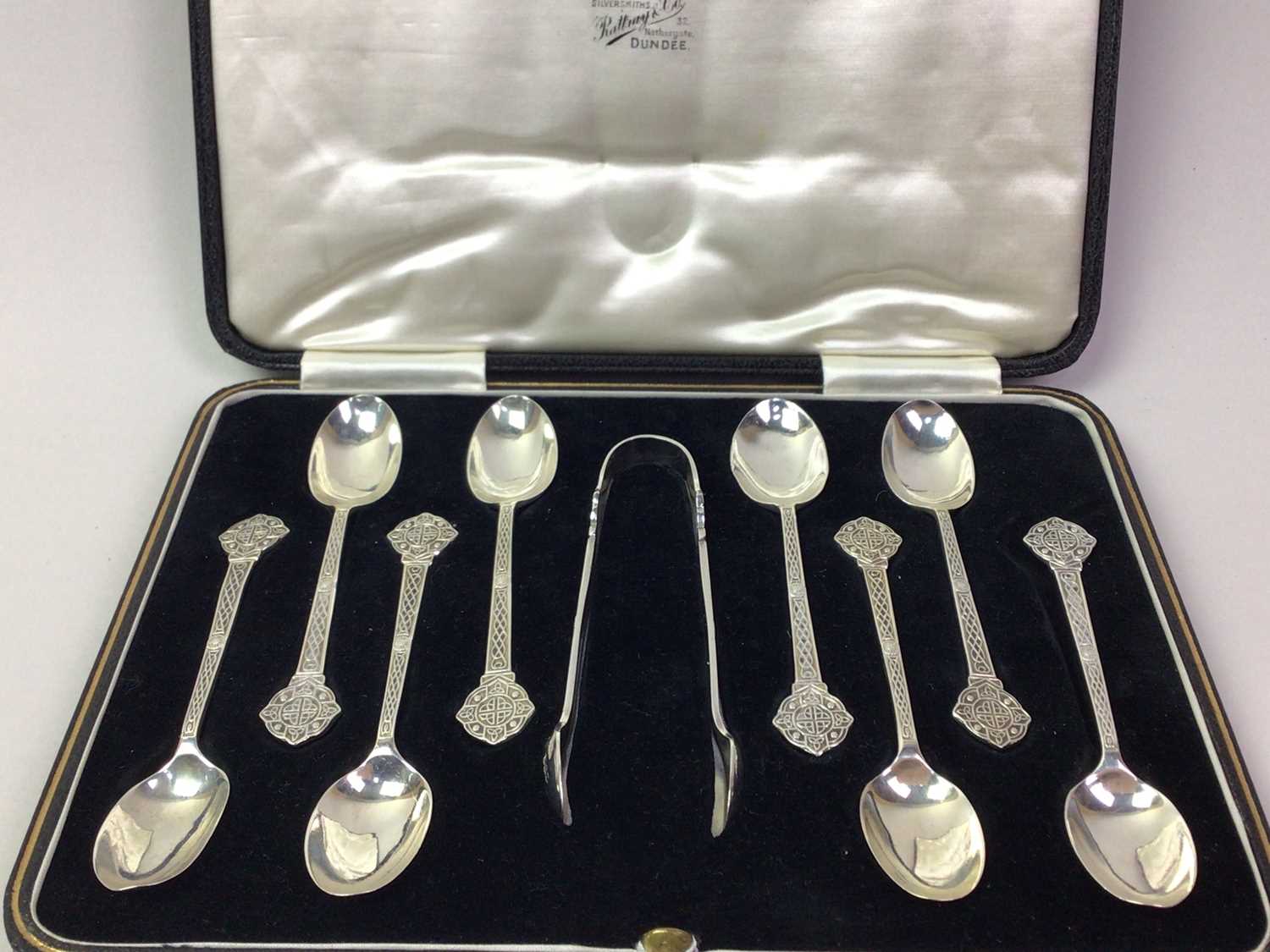 SET OF EIGHT SILVER COFFEE SPOONS AND TONGS,