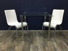 GLASS TOPPED TABLE, AND A PAIR OF WHITE DINING CHAIRS