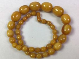 SET OF BUTTERSCOTCH AMBER BAKELITE BEADS, ALONG WITH TWO BANGLES
