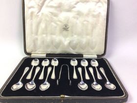 SET OF TWELVE SILVER COFFEE SPOONS WITH TONGS, SHEFFIELD 1924
