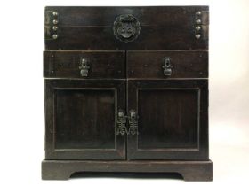 SMALL CHINESE WOODEN CABINET, AND A PAIR OF EDINBURGH CRYSTAL CHAMPAGNE GLASSES