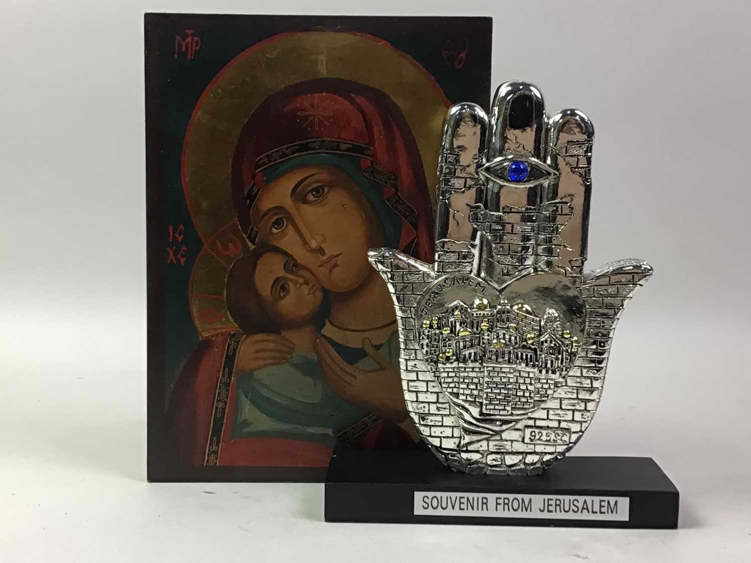 HAND PAINTED RELIGIOUS ICON DEPICTING MADONNA AND CHILD, ALONG WITH FURTHER ITEMS