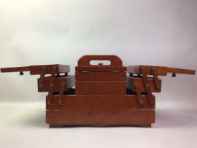 THREE VINTAGE SEWING BOXES, ALONG WITH A FOOTSTOOL