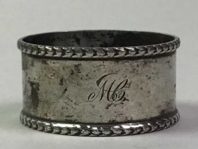 SILVER NAPKIN RING, ALONG WITH A PAIR SILVER AND CUT GLASS PICKLE DISHES