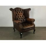 DARK TAN LEATHER WINGBACK ARMCHAIR,