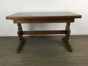 ERCOL, STAINED ELM DRAW LEAF DINING TABLE, AND SIX CHAIRS