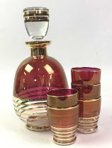 RUBY AND GILT GLASS LIQUEUR GLASS AND SIX GLASSES, ALONG WITH FURTHER