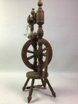 TABLE TOP SPINNING WHEEL, ALONG WITH A SET OF KITCHEN SCALES