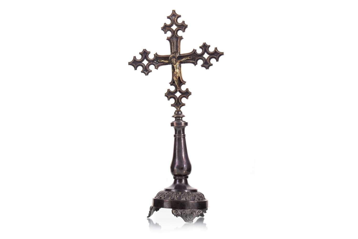 UNUSUAL CONTINENTAL SILVER, WHITE METAL AND PARCEL GILT CRUCIFIX 19TH CENTURY