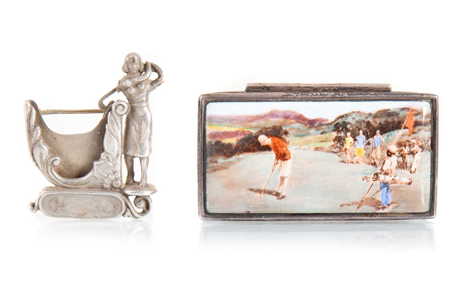 UNUSUAL AMERICAN SILVER LADIES GOLFING TOURNAMENT BROOCH CIRCA 1920s