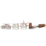 GEORGE V SILVER THREE PIECE CRUET SET AND FURTHER SMALL SILVER