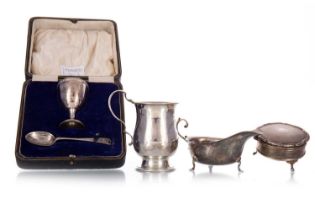 SILVER CHRISTENING MUG, ALONG WITH A SAUCEBOAT, TRINKET BOX AND EGG CUP WITH SPOON