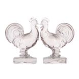 PAIR OF MOULDED CLEAR GLASS COCKEREL SCULPTURES