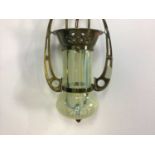 ARTS & CRAFTS BRASS AND OPALESCENT GLASS PENDANT CEILING LIGHT CIRCA 1900-10