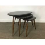 ERCOL, NEST OF MODEL 354 STAINED ELM 'PEBBLE' TABLES,