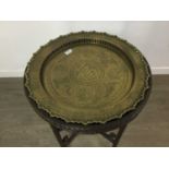 CHINESE BRASS TRAY-TOPPED HARDWOOD TABLE EARLY 20TH CENTURY