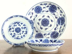 CHINESE BLUE AND WHITE LOTUS DISH, AND FURTHER LOTUS DECORATED BLUE AND WHITE WARE